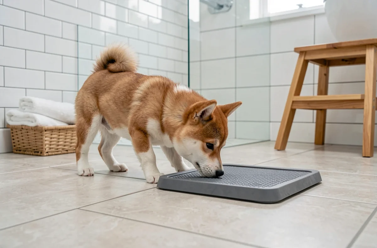 Chiot Shiba Inu miniature en train de renifler un tapis de propreté sur un sol en carrelage lors de l'apprentissage de la propreté