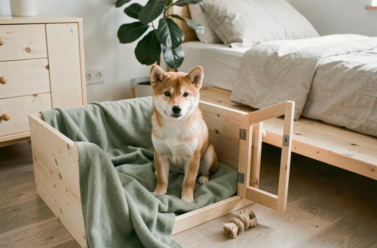 Chiot Shiba Inu miniature assis dans une cage en bois ouverte avec une couverture verte dans une chambre de style scandinave