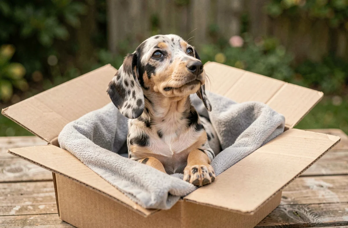 Chiot teckel arlequin poil ras niché dans une boîte en carton tapissée de molleton gris, posée sur une table en bois dans un jardin