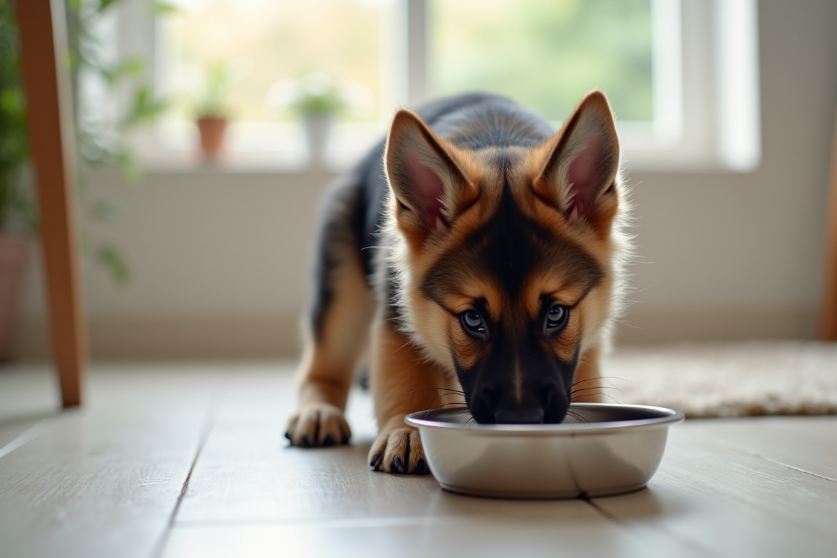 Chiot berger allemand mange dans une cuisine lumineuse
