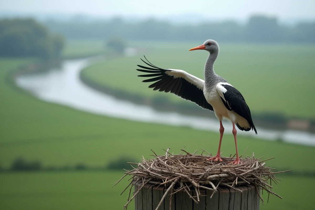 Jeune cigogneau aux ailes déployées au bord de son nid en hauteur sur un poteau en bois, avec une campagne verdoyante floue en arrière-plan