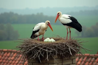 Deux cigognes blanches couvant leurs œufs dans un grand nid de branchages posé sur une cheminée en pierre dans un village rural européen