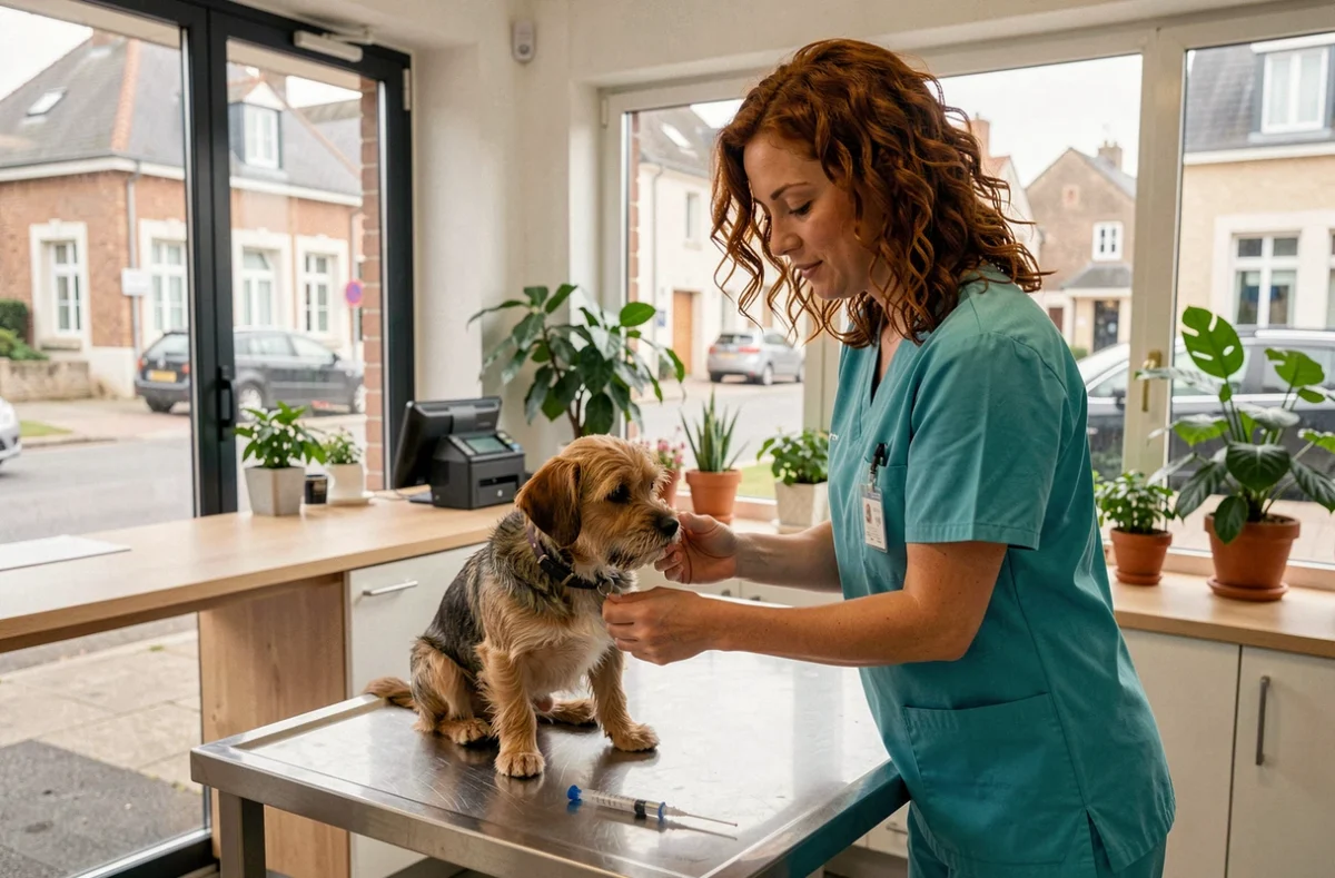 Vétérinaire de Chab'leman Vet Douvaine vaccinant un petit chien dans une clinique moderne