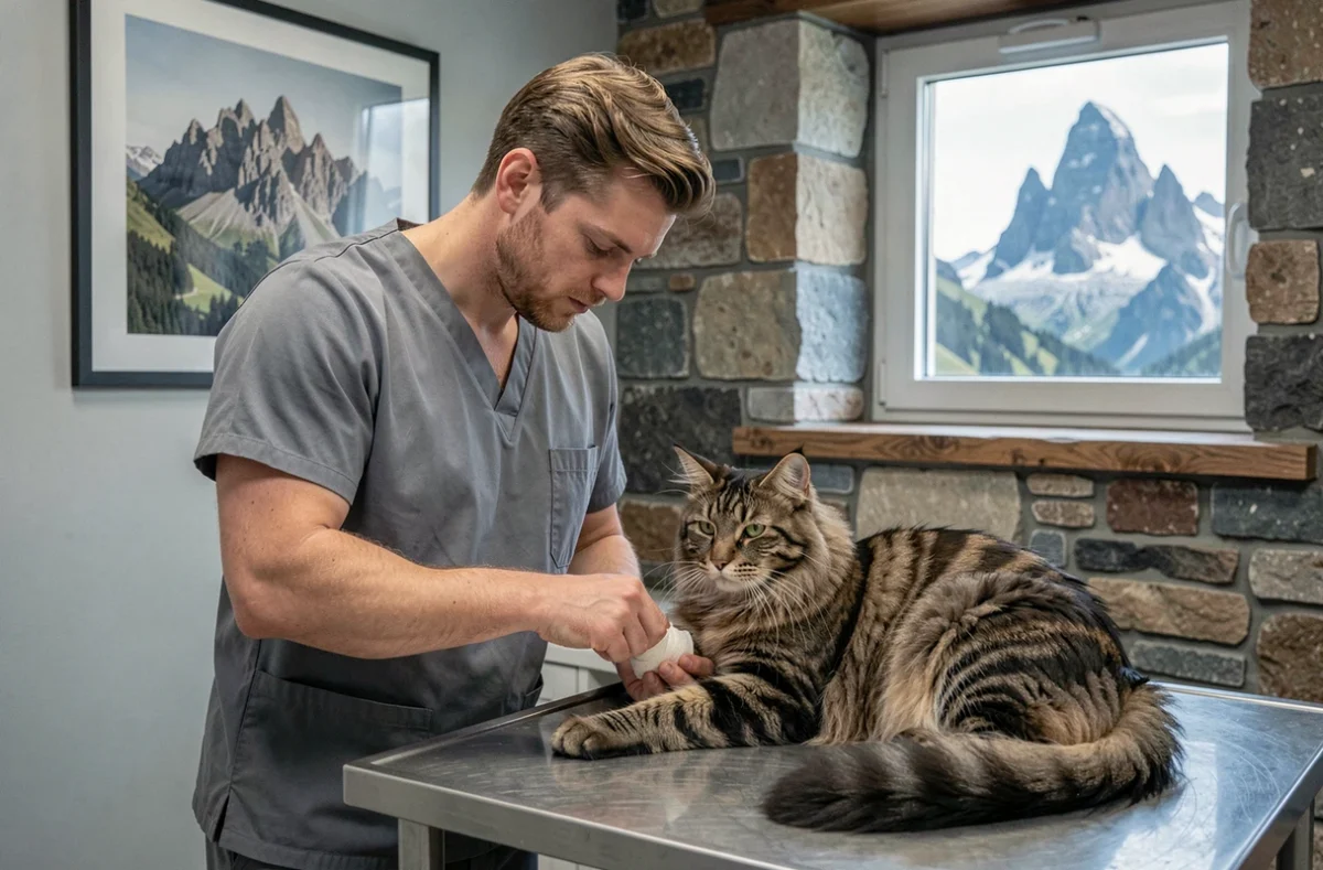 Vétérinaire de la Clinique de la Dent du Chat soignant la patte d'un Maine Coon avec vue sur la montagne