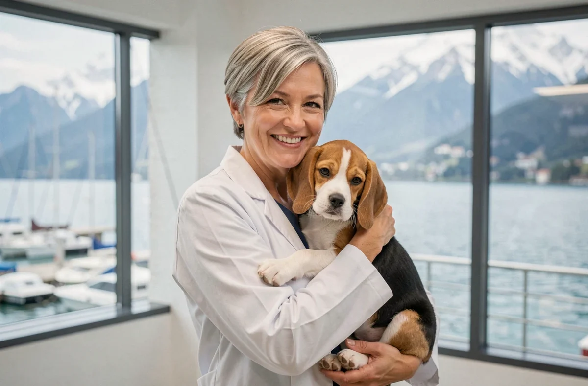 Vétérinaire de la Clinique du Grand Port tenant un chiot beagle avec vue sur le lac alpin