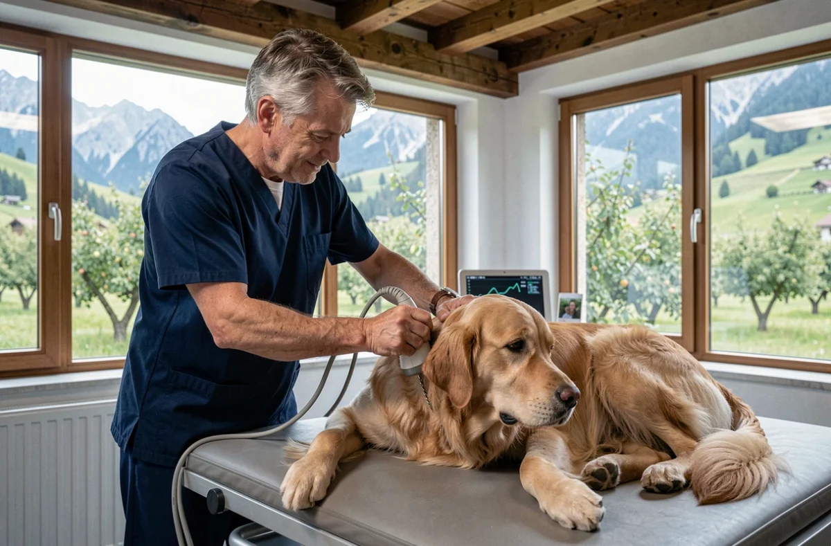 Vétérinaire de la Clinique du Grand Verger réalisant une échographie sur un golden retriever