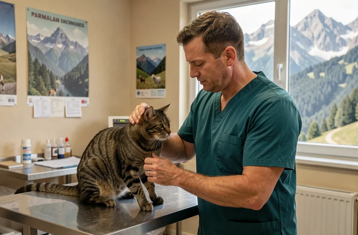Vétérinaire de la Clinique du Parmelan examinant un chat avec le massif du Parmelan en arrière-plan