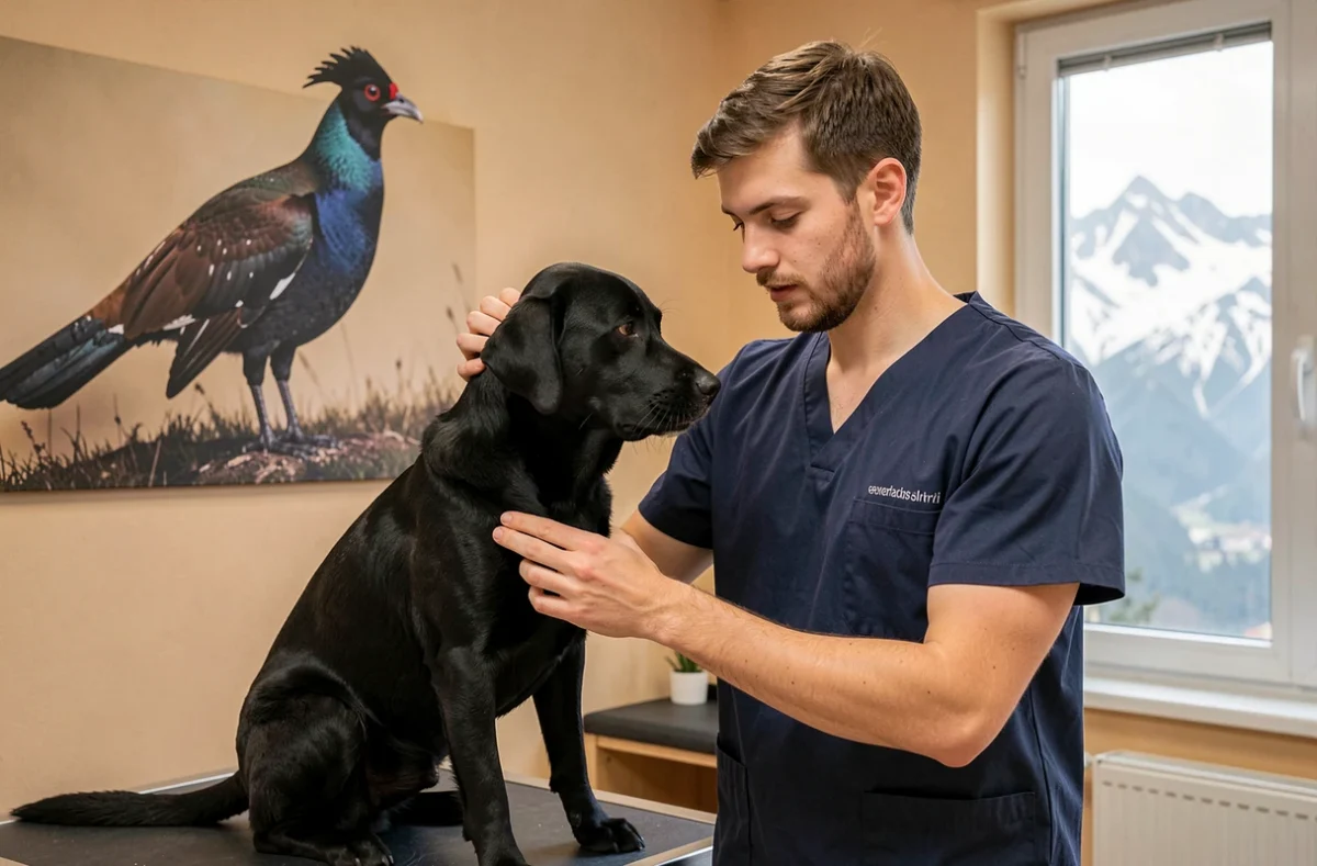 Vétérinaire de la Clinique du Tétras-Lyre examinant un labrador avec une photo de tétras en arrière-plan