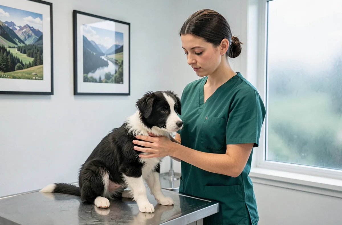 Vétérinaire de la Clinique du Val d'Arve tenant un chiot border collie lors d'une consultation