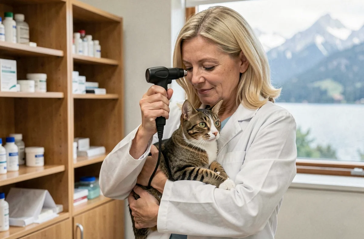 Vétérinaire de la Clinique de la Versoie examinant un chat dans un cadre clinique lumineux près du lac