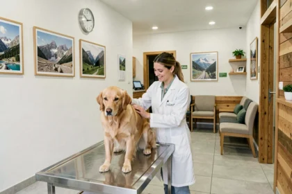 Vétérinaire en Haute-Savoie accueillant un chien dans une clinique moderne au style alpin