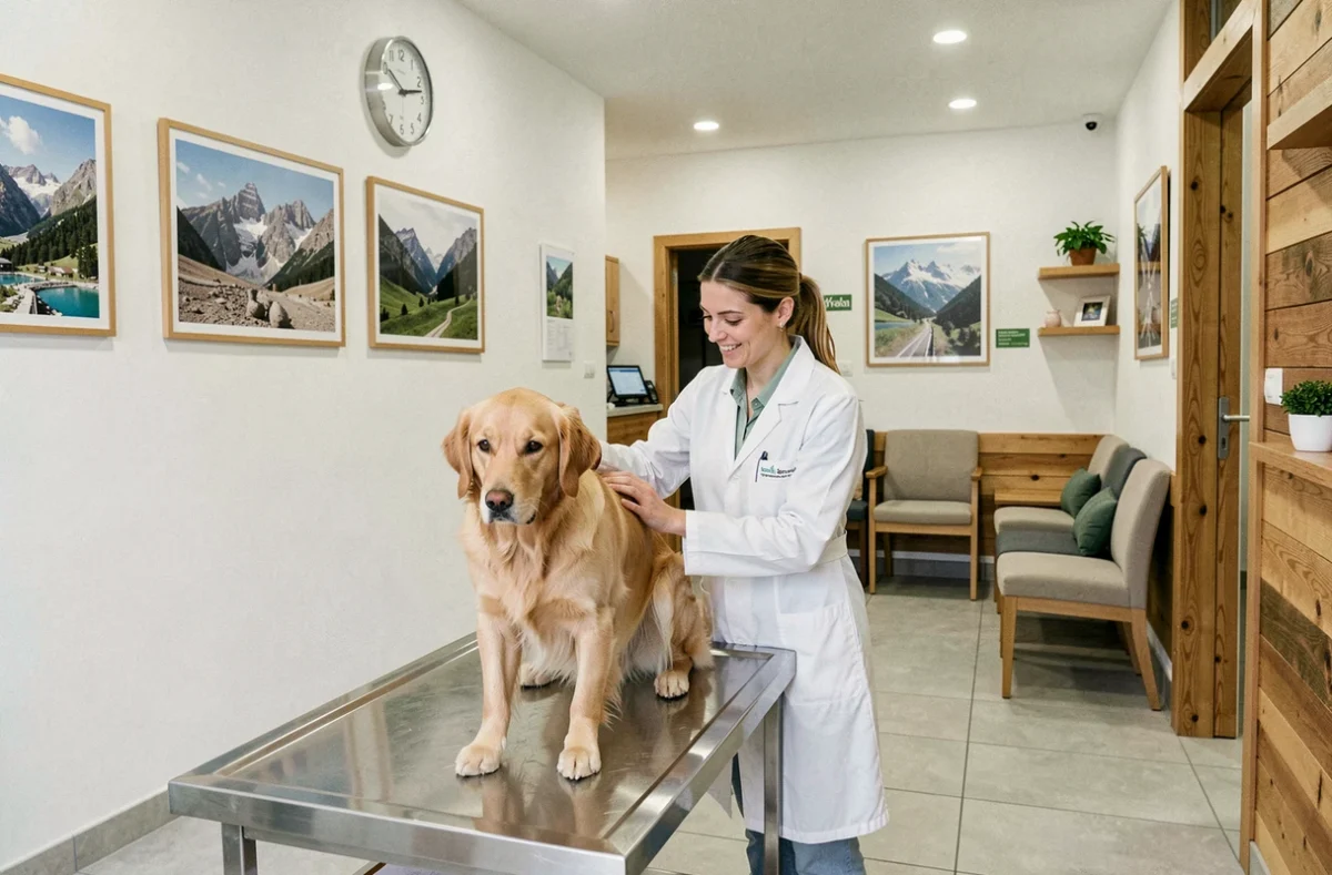 Vétérinaire en Haute-Savoie accueillant un chien dans une clinique moderne au style alpin