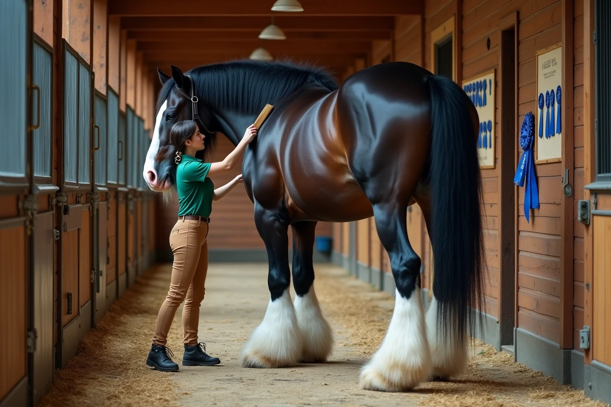 Groom préparant un immense cheval Clydesdale dans les écuries avant un concours, soulignant les coulisses des compétitions pour les plus grands chevaux du monde