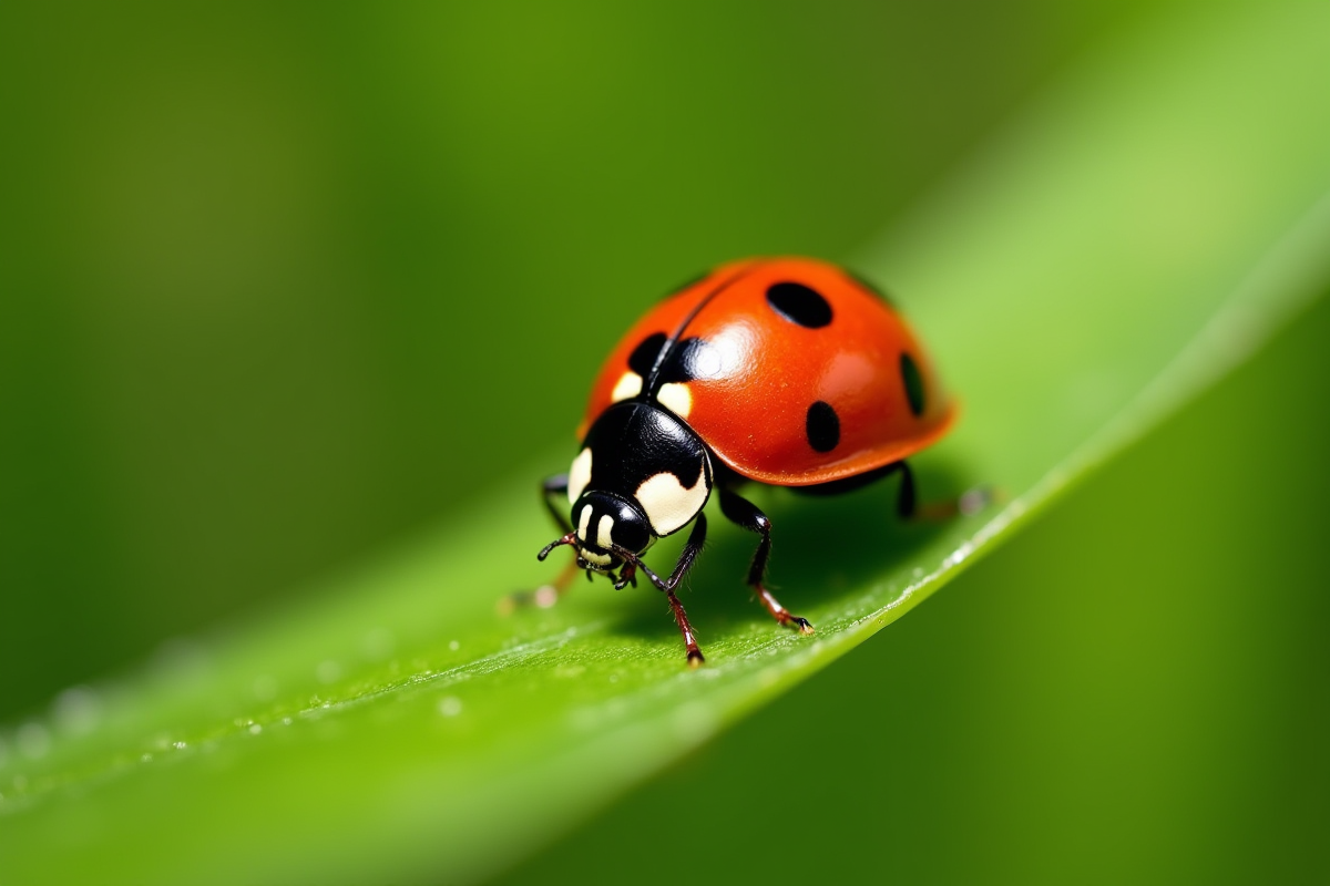 Gros plan d'une coccinelle rouge sur une feuille verte en extérieur