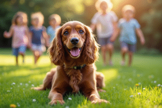 Cocker spaniel souriant dans le jardin avec des enfants