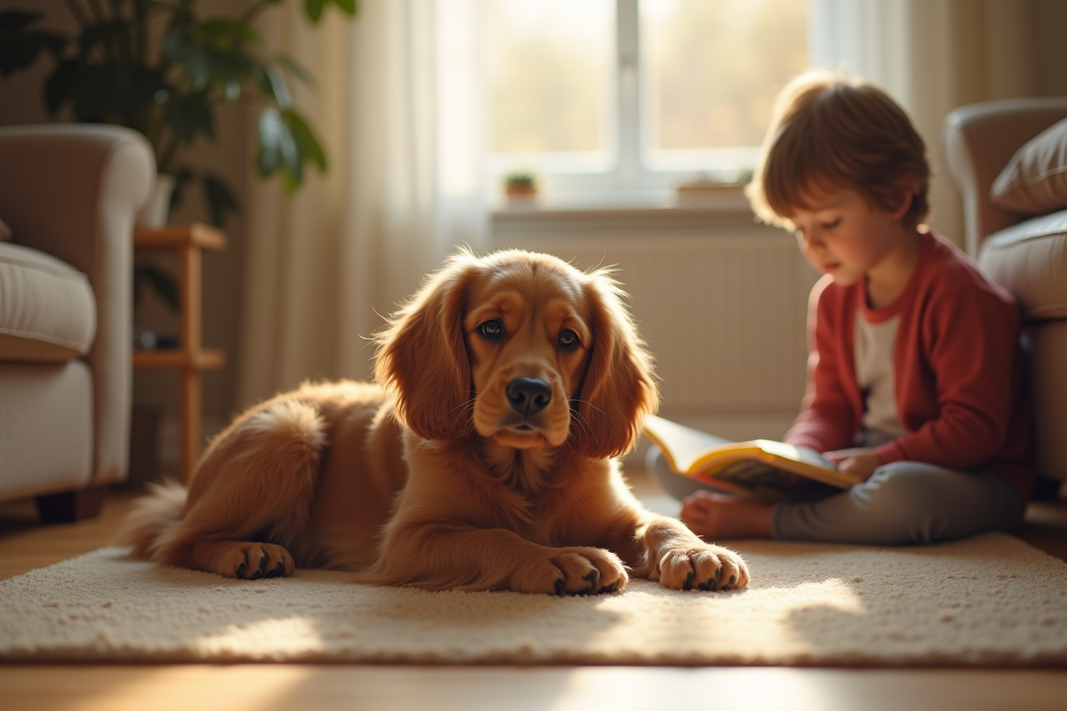 Chien cocker en famille lisant dans le salon lumineux