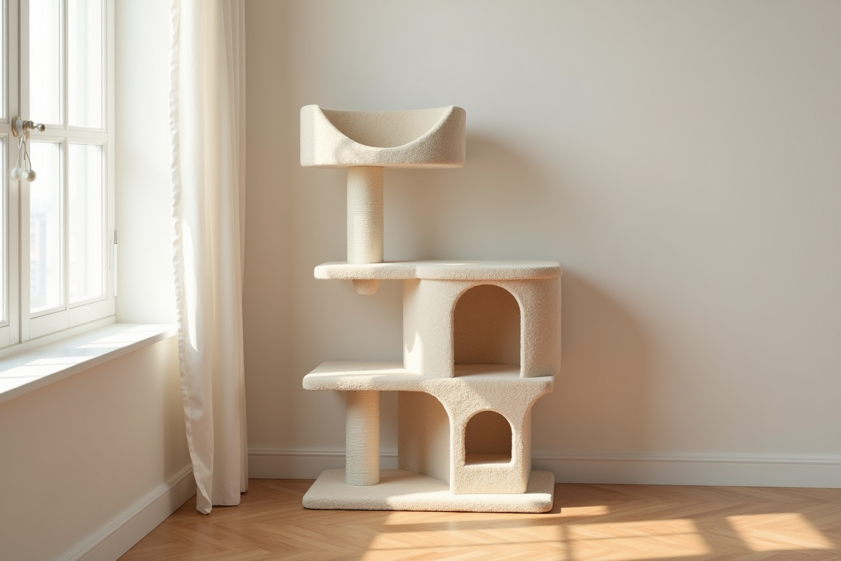 Coin cosy avec arbre à chat beige et sol en bois