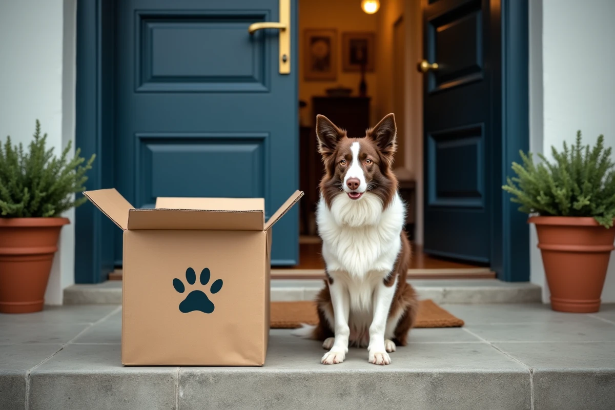 Comparaison de deux boîtes de livraison de repas frais pour chien Dogfy Diet et Dog Chef déposées devant une porte d'entrée avec un border collie