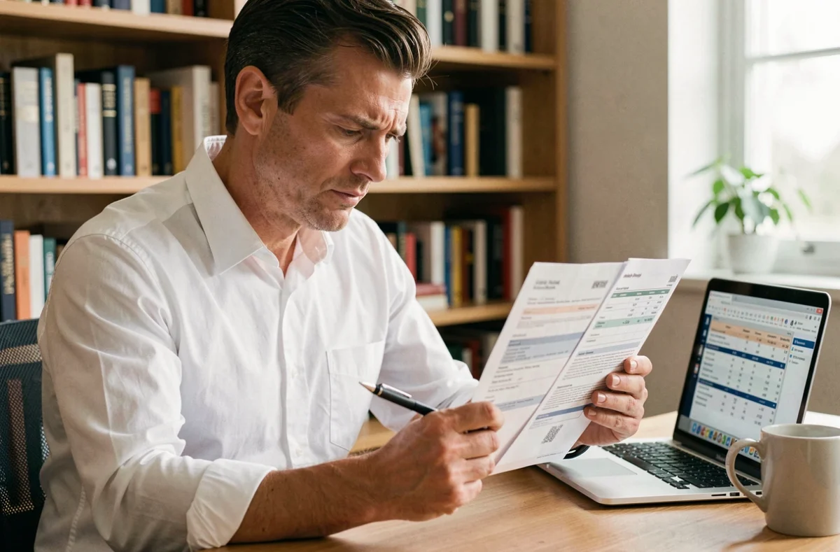 Un homme compare deux contrats d'assurance de prêt immobilier à son bureau pour établir l'équivalence des garanties