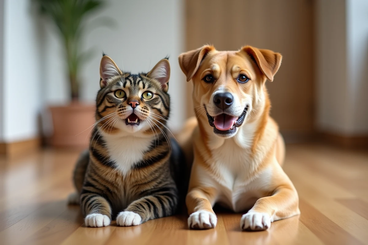 Chat et chien côte à côte à l'intérieur, gueules ouvertes permettant la comparaison de leurs mâchoires et dentitions