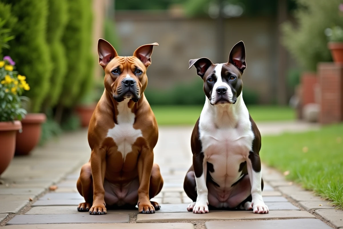 Comparaison taille Staffie mâle et femelle côte à côte dans un jardin, différences morphologiques visibles