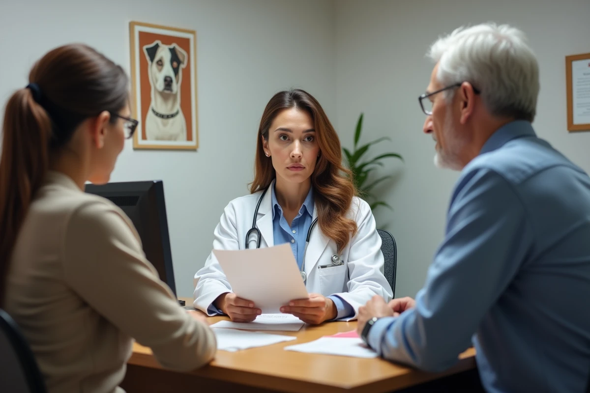 Vétérinaire expliquant les tarifs et options d'euthanasie à un couple de propriétaires de chien lors d'une consultation