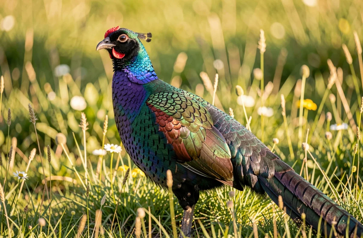 Coq faisan noir à reflets verts et bleus dans une prairie