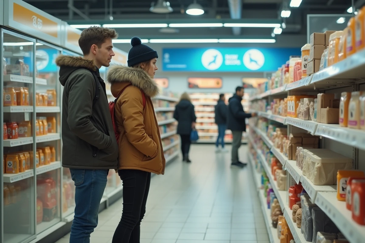 Jeune couple examinant un chat Sacré de Birmanie en animalerie