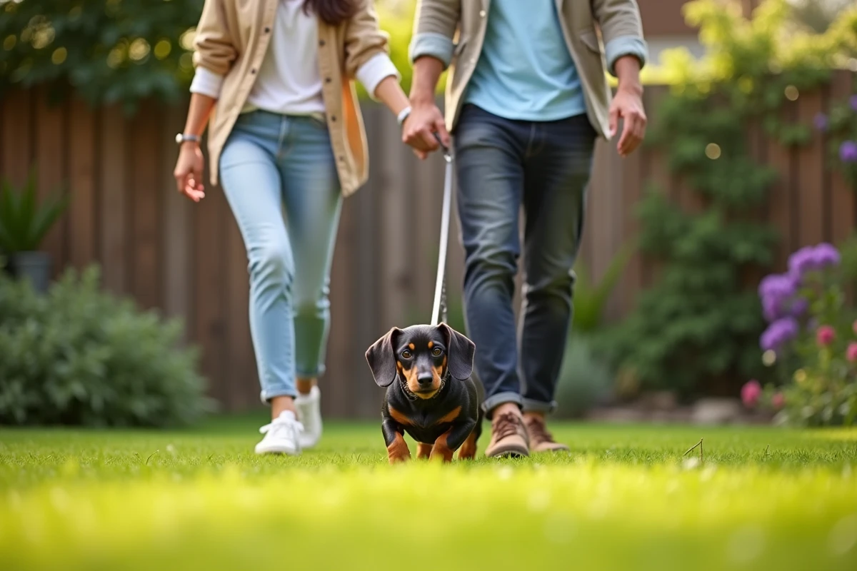 Jeune couple avec leur chien dachshund dans le jardin en famille
