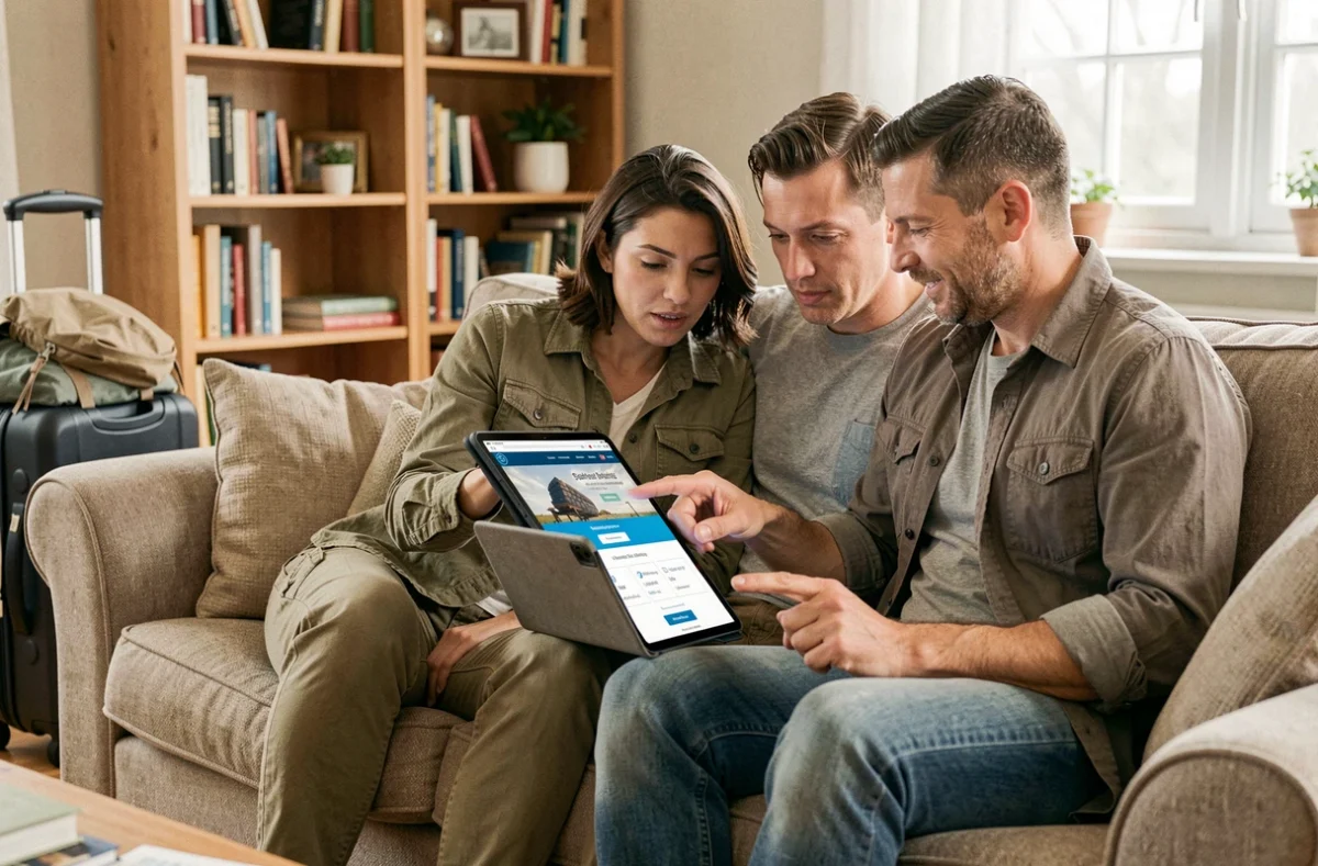 Couple comparant des offres d'assurance voyage sur une tablette avant un départ en vacances
