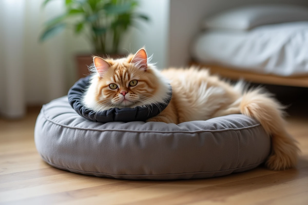 Chat persan couché sur un coussin donut moelleux portant un coussin cervical en velours gris comme alternative à la collerette traditionnelle
