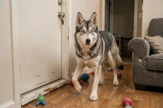 Chien croisé husky berger allemand agité près d'une porte d'appartement, signe d'inadaptation au mode de vie sédentaire