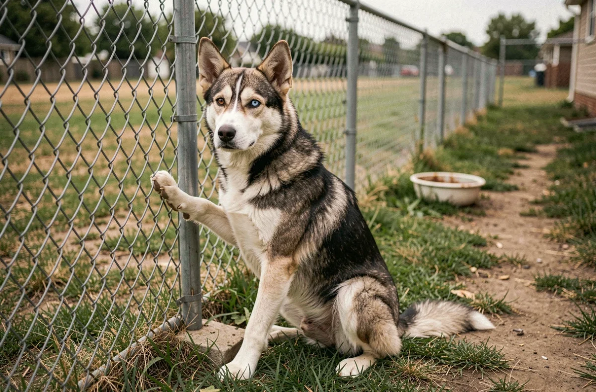 Croisé husky berger allemand regardant à travers une clôture, exprimant un besoin d'espace et d'exercice non satisfait