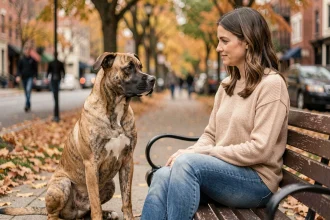 Chien croisé Malinois Staffordshire assis calmement aux côtés d'une femme dans un parc urbain en automne