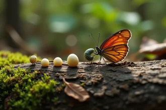 Vue d'ensemble du cycle de vie d'un insecte illustrant les stades œuf, larve, nymphe et adulte sur une écorce naturelle