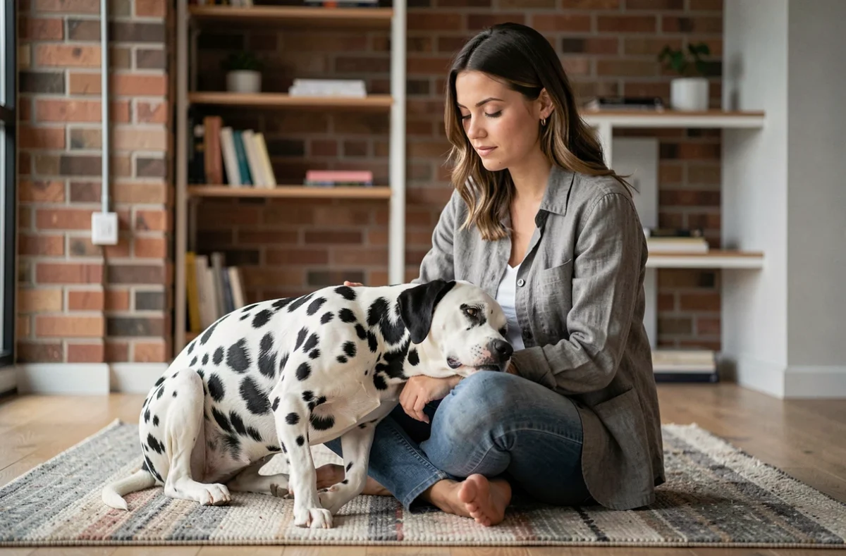 Femme assise sur le sol avec un Dalmatien noir et blanc à poil court dans un appartement moderne, moment de complicité