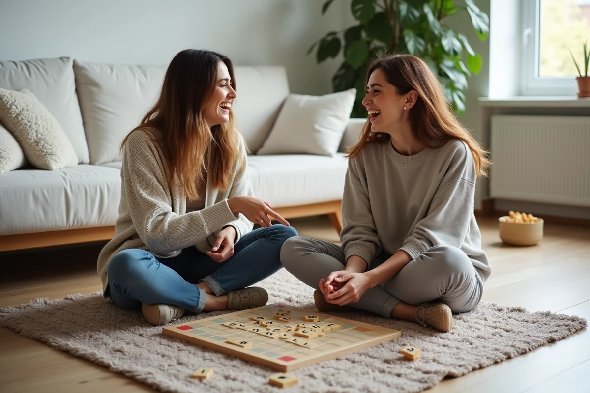 Deux femmes jouant au Scrabble sur un tapis de salon, mots d'animaux en X sur le plateau, ambiance détendue