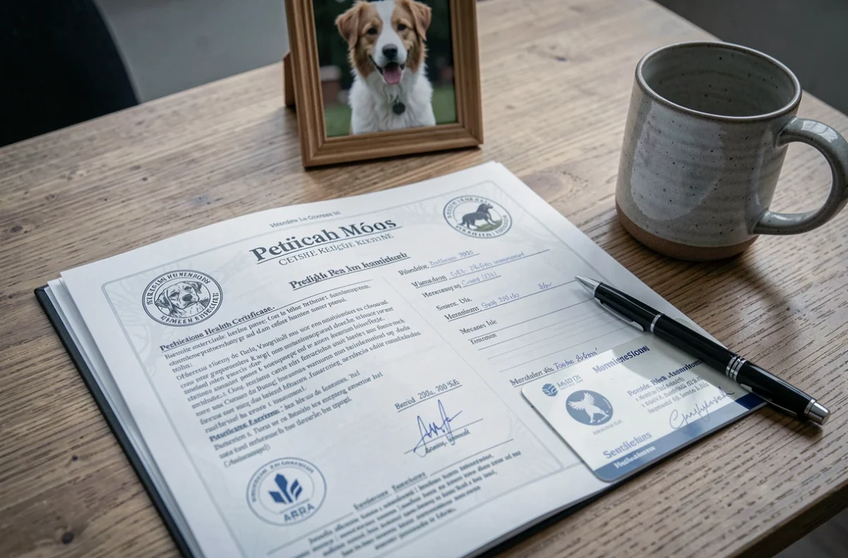 Documents officiels d'un éleveur sérieux de mencoun : pedigree, certificat vétérinaire et carte d'adhésion à une association canine