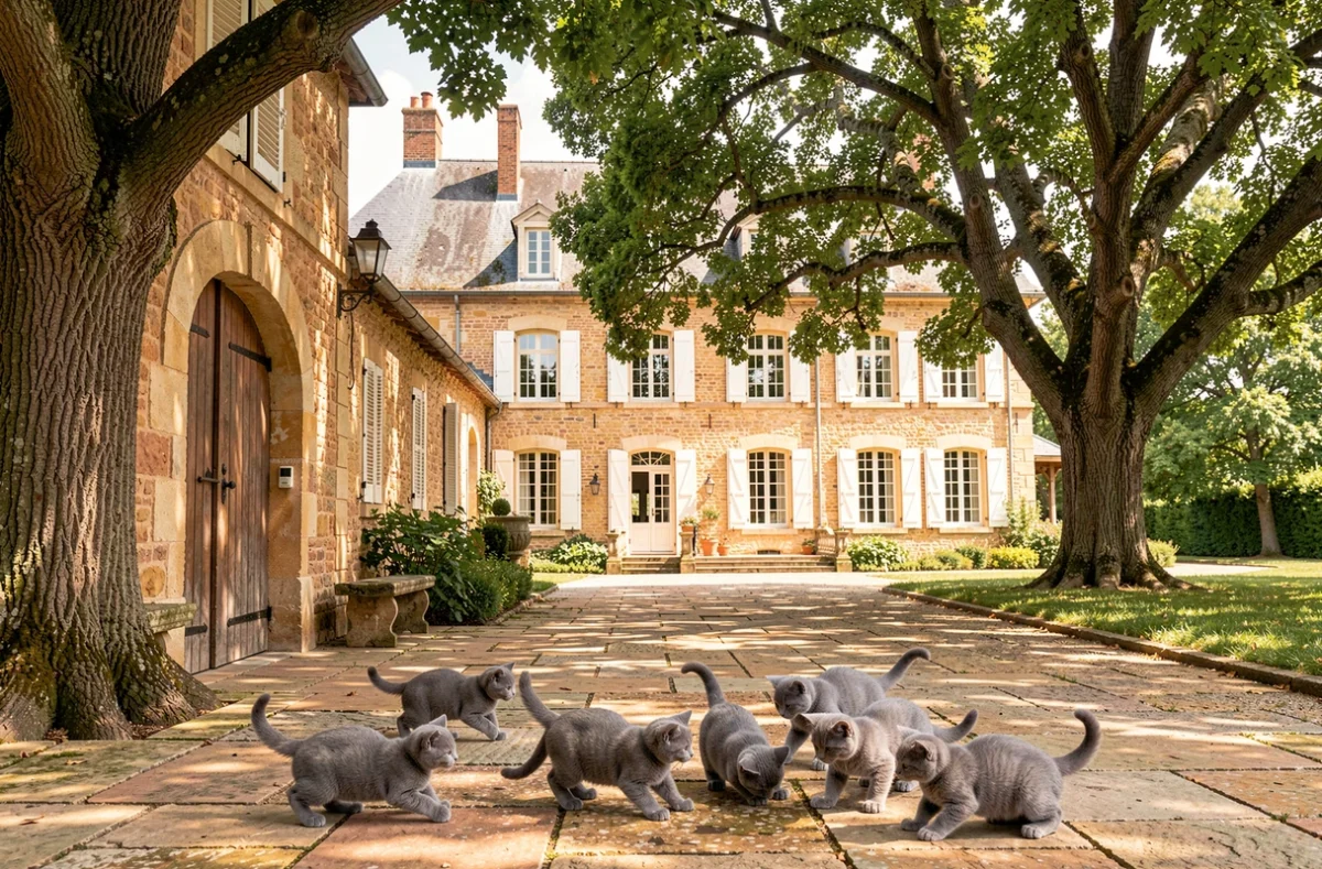Chatons Chartreux jouant dans la cour pavée d'un domaine viticole girondino ombragé par de vieux chênes, évoquant le Domaine des Chênes Garance