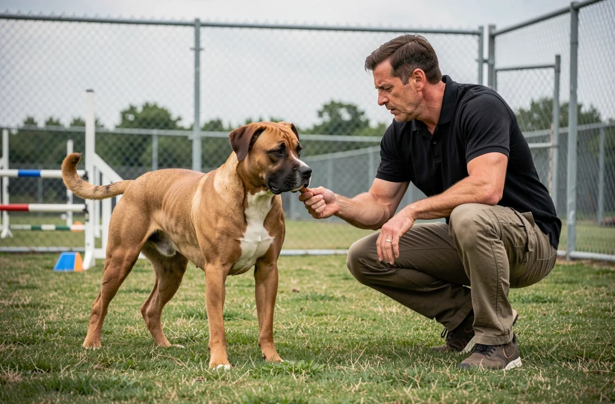 Dressage d'un chien croisé Malinois Staffordshire avec un éducateur canin professionnel en plein air
