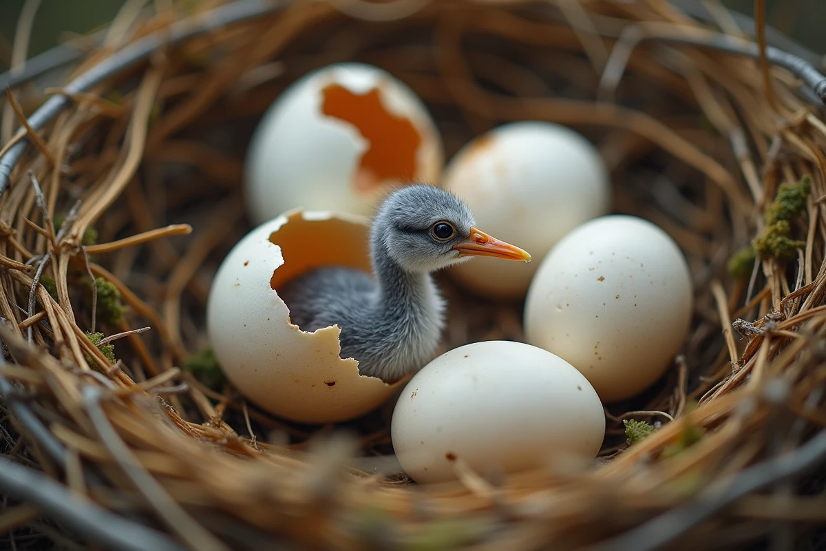 Gros plan sur un œuf de cigogne en train d'éclore avec un poussin mouillé perçant la coquille dans un nid de paille et de mousse
