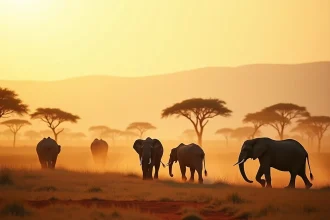 Troupeau d'éléphants traversant la savane africaine, illustrant la biodiversité des grands écosystèmes terrestres