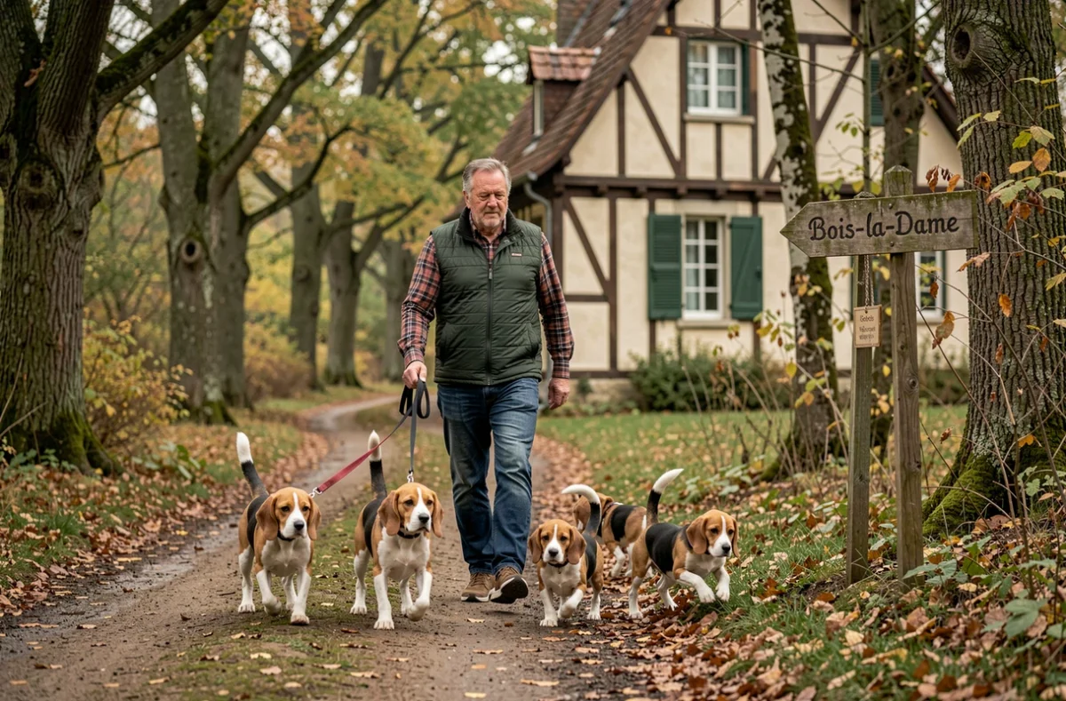 Éleveur marchant dans les bois près de sa propriété avec des Beagles adultes et des chiots