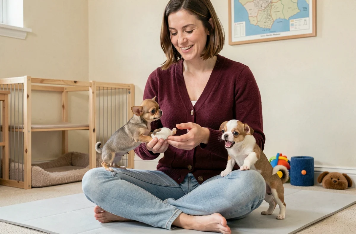 Éleveuse de Chihuahuas en Haute-Marne tenant de minuscules chiots dans une pièce dédiée