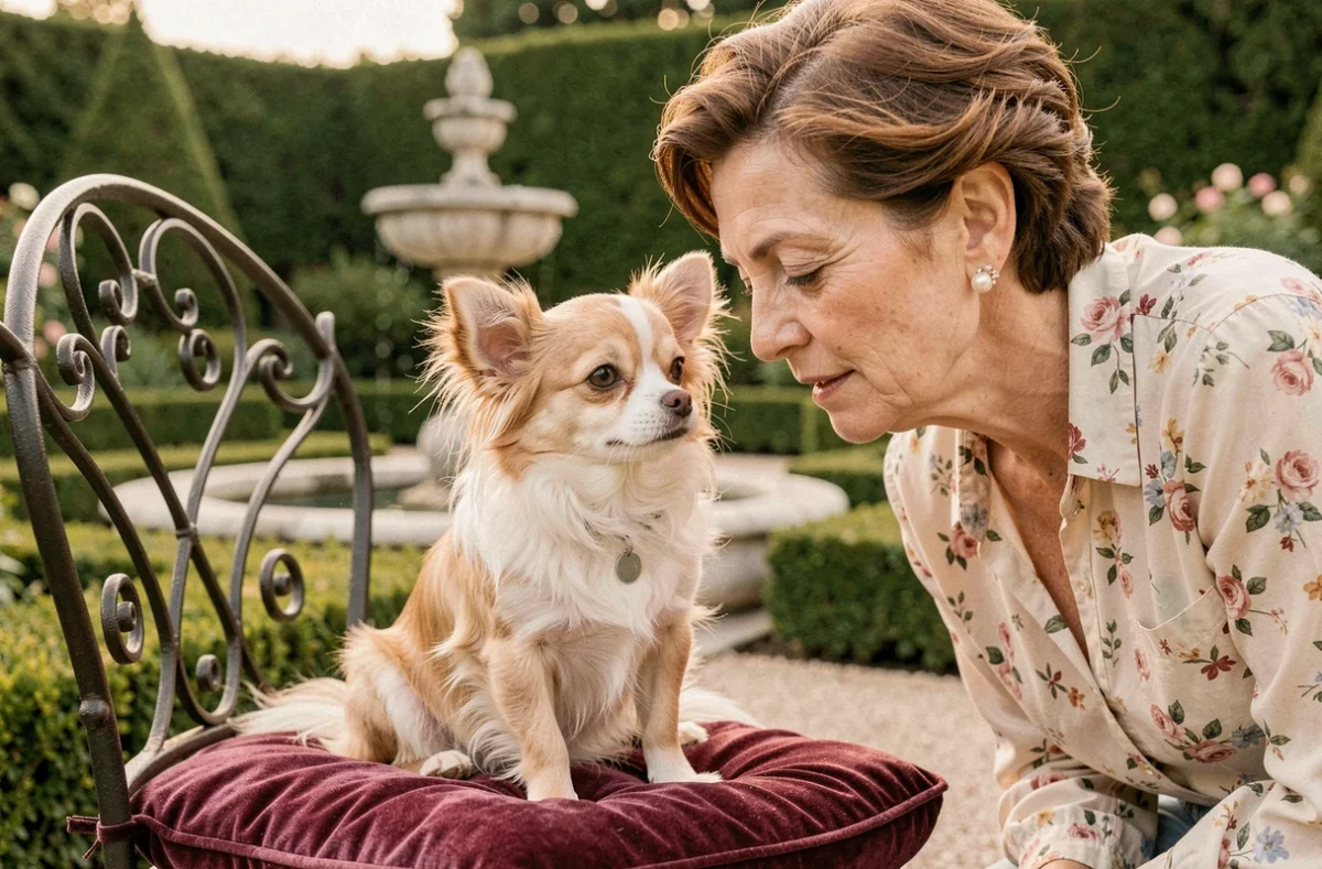 Élevage de Chihuahua Poils Longs, un chiot Chihuahua à poils longs crème et fauve posé sur un coussin en velours dans un jardin soigné