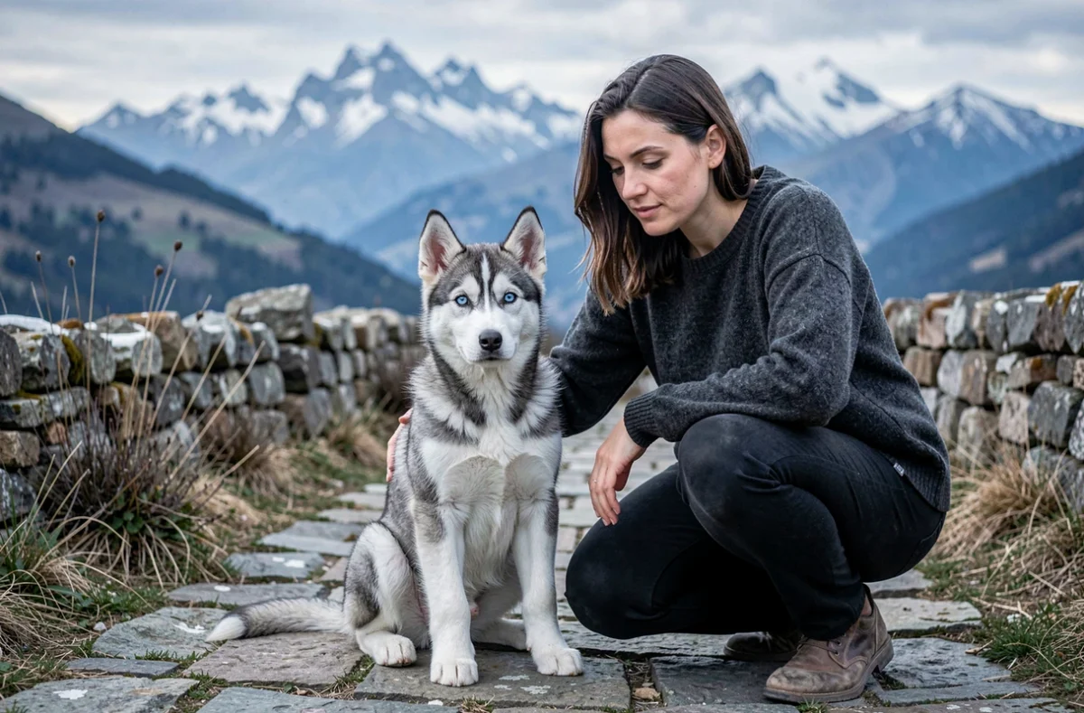 Élevage D Obreika, un chiot Husky Sibérien aux yeux bleus assis sur un chemin de pierre avec des sommets montagneux en arrière-plan