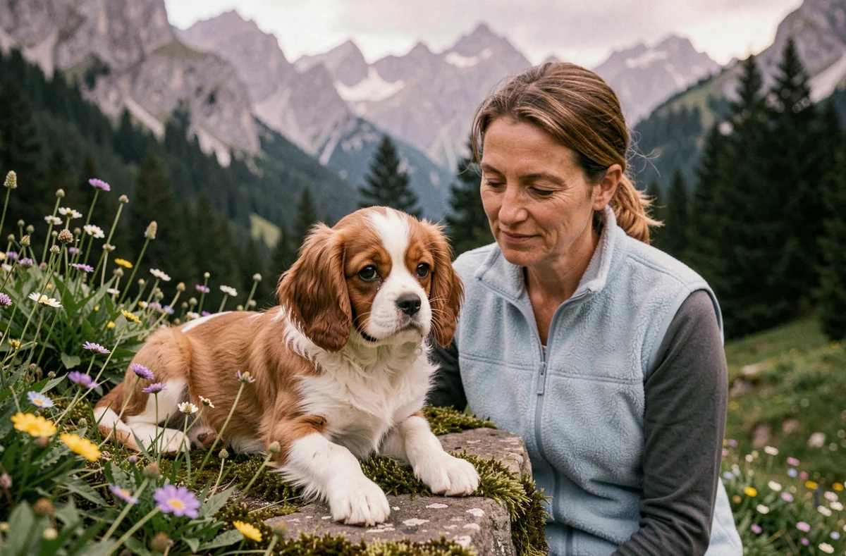 Élevage Des Merveilles de Lérie, un chiot Cavalier King Charles Spaniel aux oreilles soyeuses posé sur une pierre mosseuse dans une vallée alpine