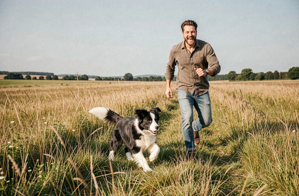 Élevage Des Plaines de Meyrans, un chiot Border Collie noir et blanc courant dans une prairie ouverte de la Drôme Provençale