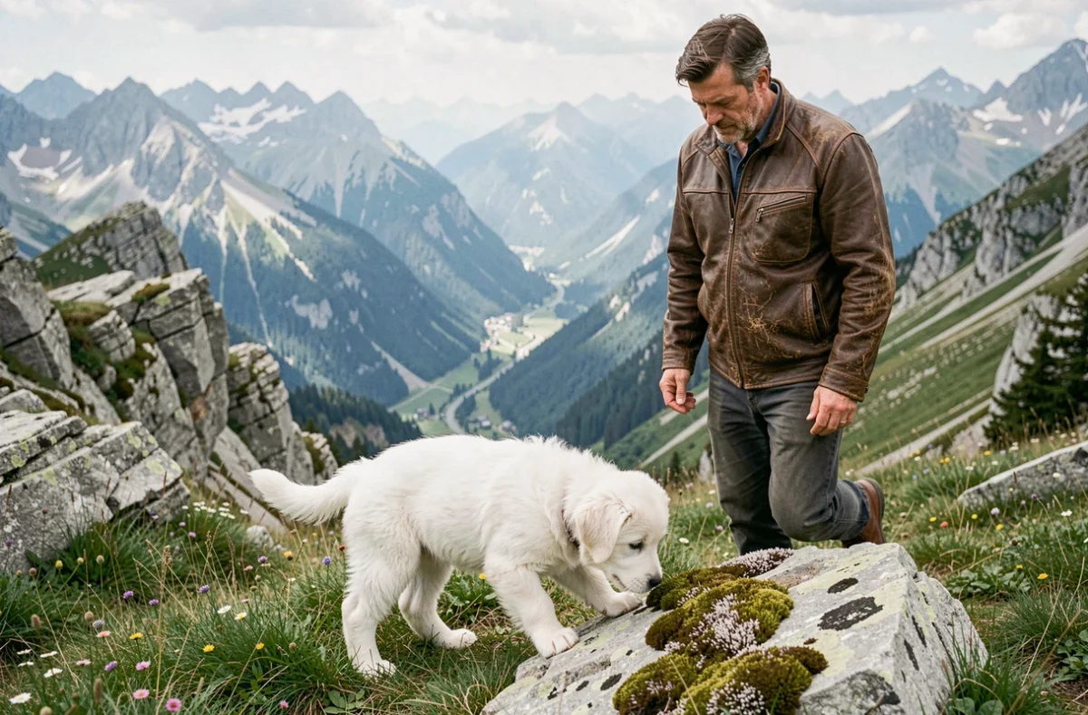 Élevage des Terres de Balme, un chiot Berger des Pyrénées blanc et duveteux explorant un alpage rocheux dans les Hautes-Alpes