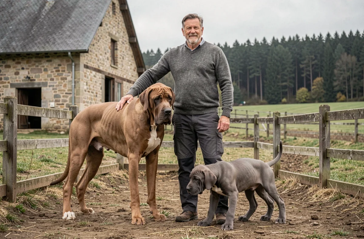 Éleveur et ses Dogues Allemands adultes et chiots dans un enclos extérieur du Grand Est